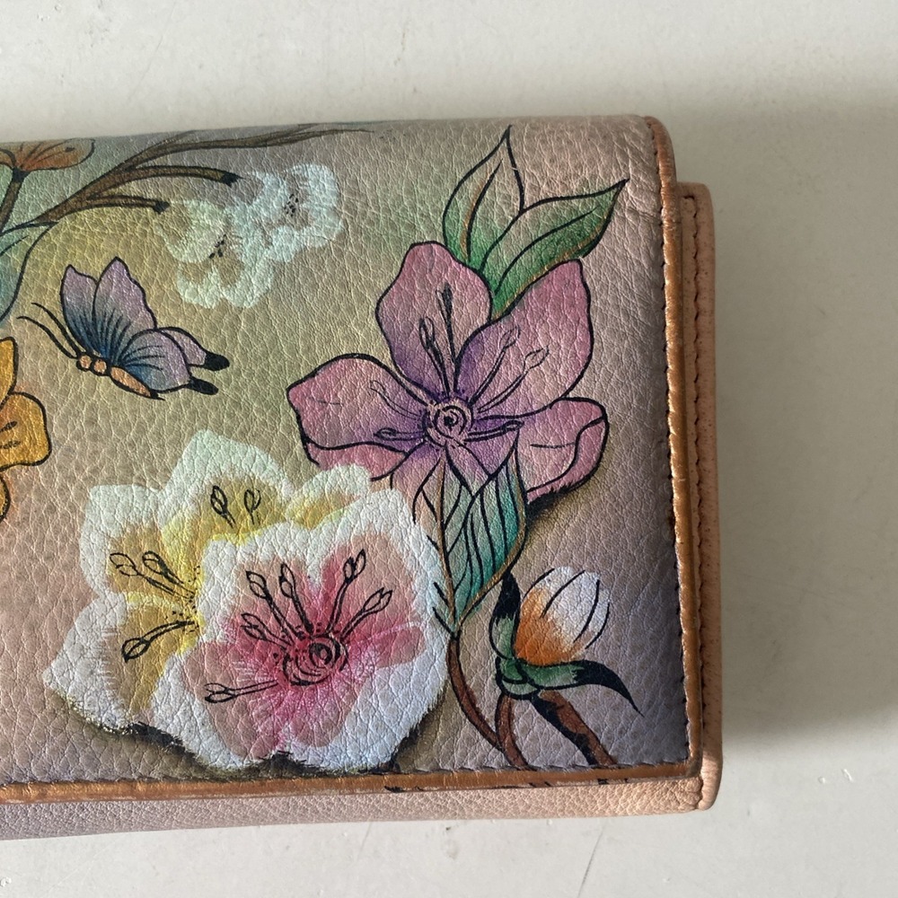 Anuschka Hand Painted Leather Wallet Garden Nature Butterfly Floral Snap Closure - Picture 2 of 16
